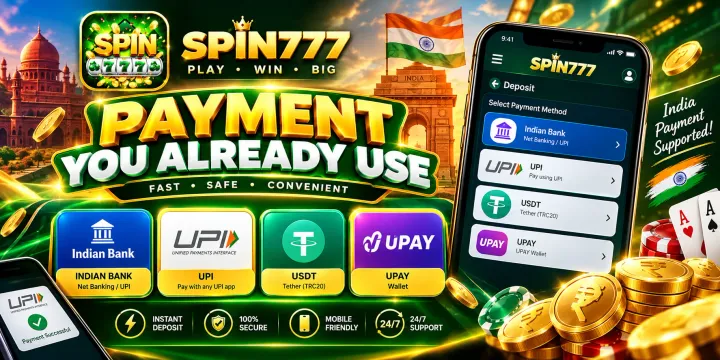 Spin777 payment methods poster – Indian Bank, UPI, USDT and UPAY on the deposit screen